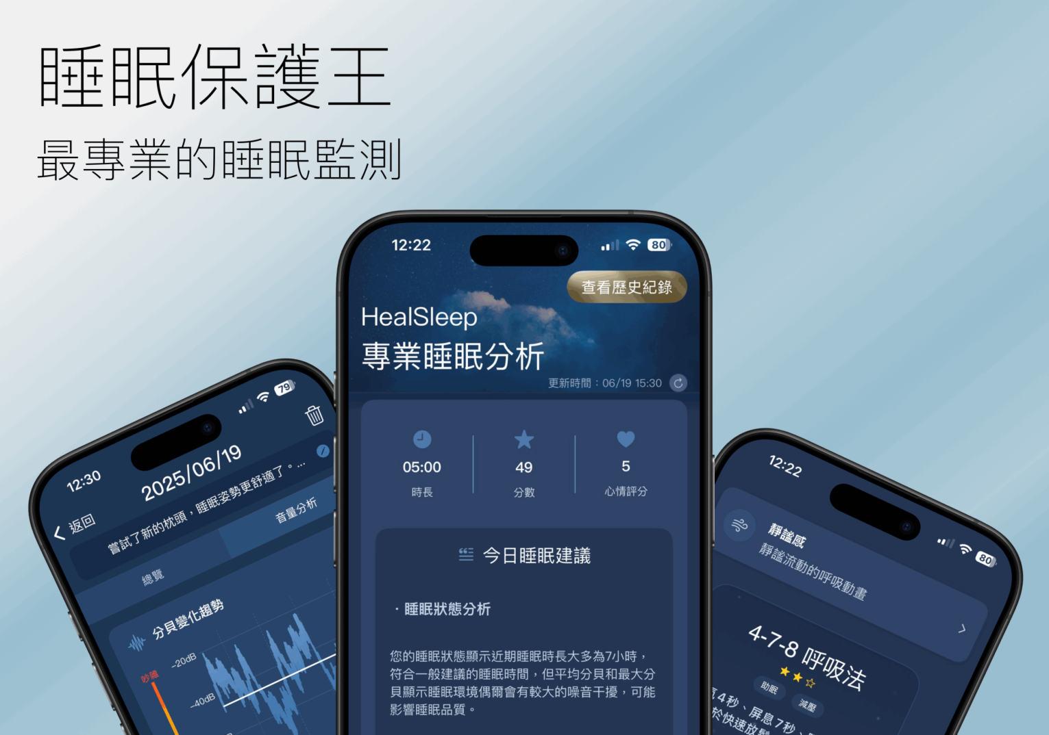 睡眠保護王app實際操作畫面，包含建議、放鬆呼吸法及數據呈現。